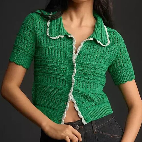 Maeve Short-Sleeve Open-Stitch Polo Cardigan Sweater - Picture 1 of 1